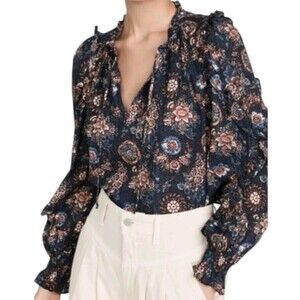 Ulla Johnson Manet Floral Printed Ruffled Blouse Neck Tie Twilight Blue Size 2